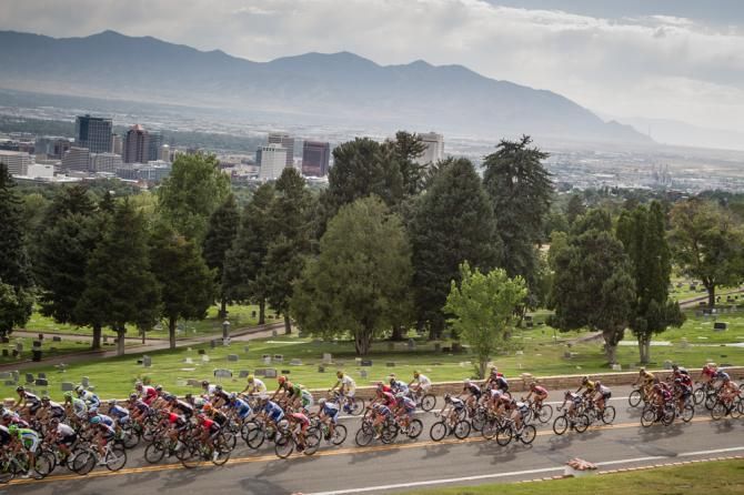 The peloton passes by downtown Salt Lake City.