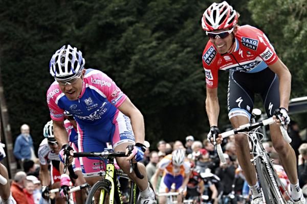 Damiano Cunego (Lampre) and Andy Schleck (Saxo Bank) on the Mur de Huy