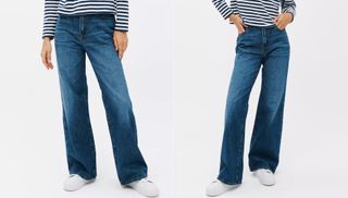 Two images of wide leg jeans