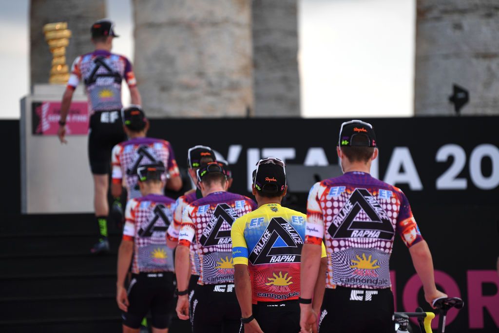 PALERMO ITALY OCTOBER 01 Sean Bennett of The United States and Team EF Pro Cycling Trofeo Senza Fine Trophy EF Pro Cycling special Rapha x Palace Skateboards during the 103rd Giro dItalia 2020 Team Presentation in Archaeological Park of Segesta in Palermo City Temple of Segesta girodiitalia Giro on October 01 2020 in Palermo Italy Photo by Tim de WaeleGetty Images