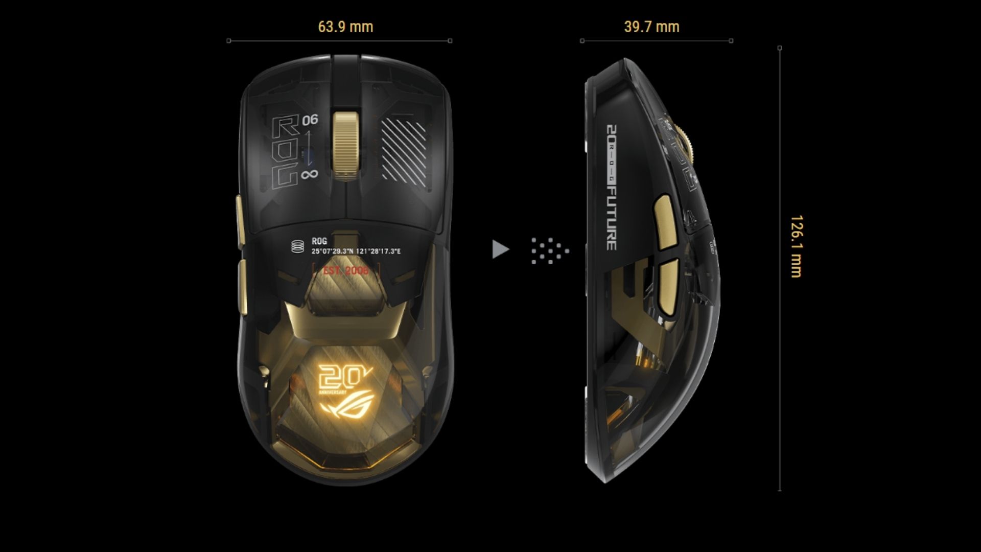Asus ROG Harpe 20th anniversary edition from the side and top on a black background