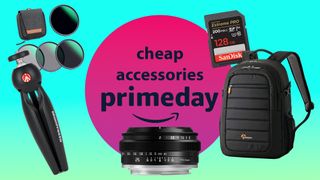 Lowepro / SanDisk / Manfrotto / K&F Concept / TTArtisan products on a green/blue gradient with a purple 'primeday' roundel