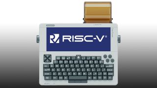 A DevTerm unit with a RISC-V logo on its screen