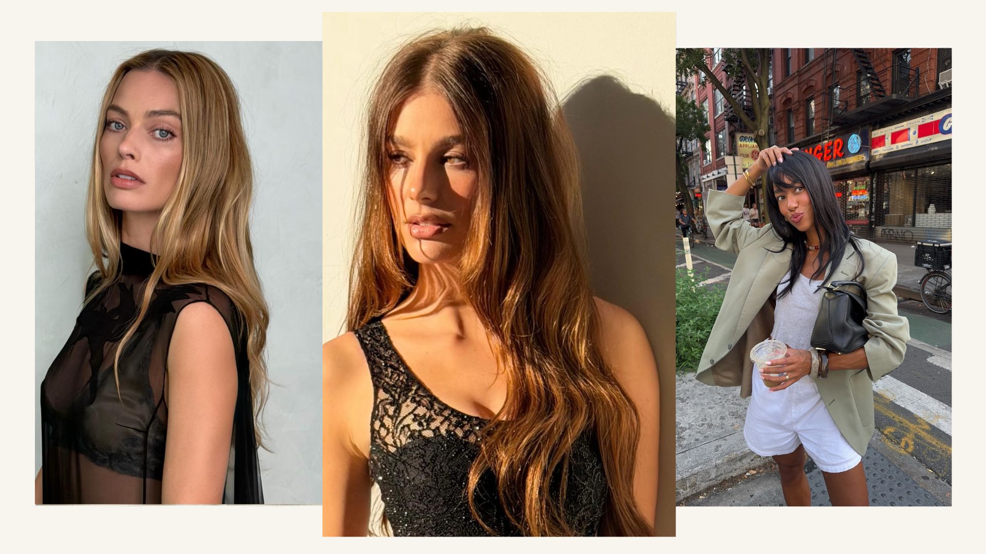 A collage of long, tousled hairstyles on Margot Robbie, Camila Morrone and creator @amaka.hamelijnck
