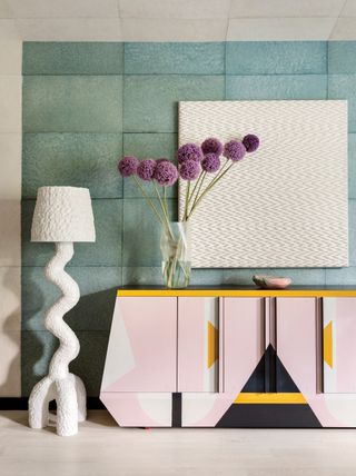 An entryway in pastel hues