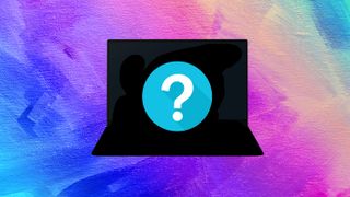A black silhouette of a laptop with a question mark over it on a colorful background.