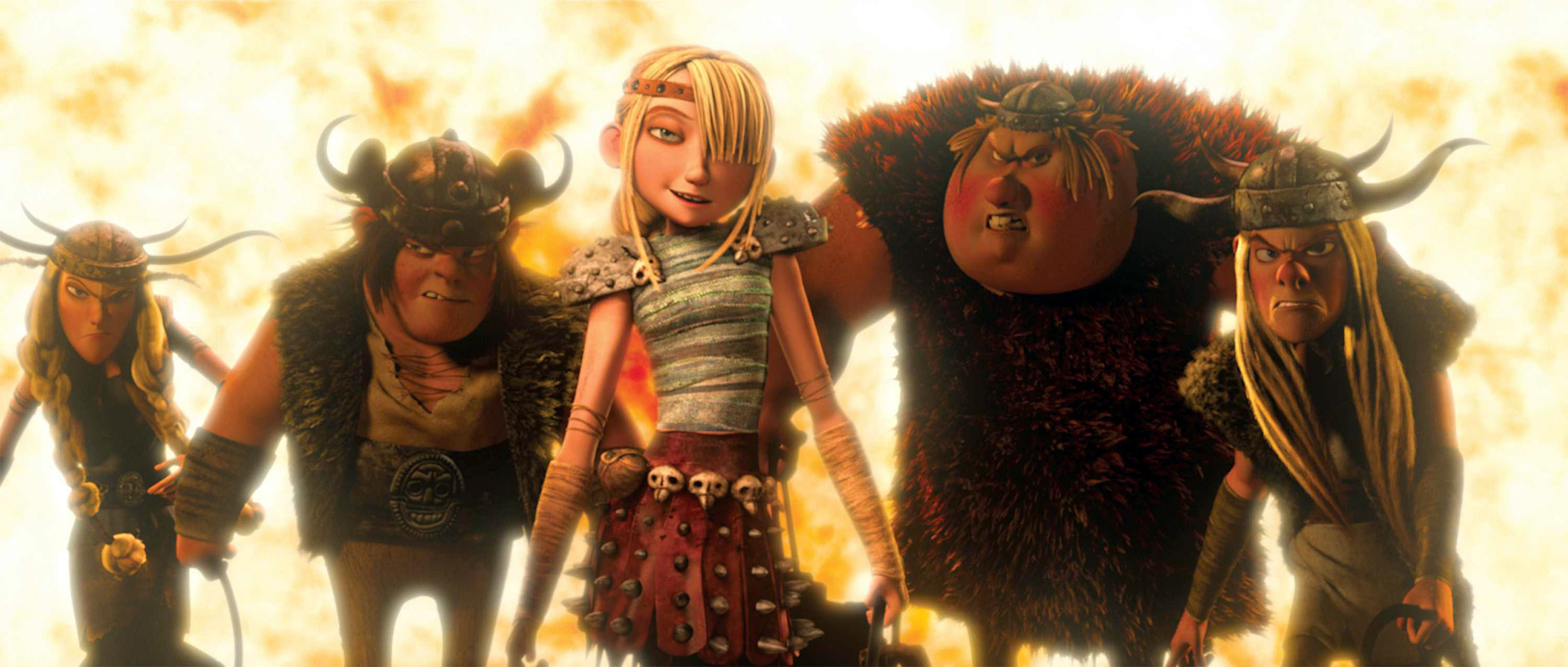 five characters from the 2010 how to train your dragon movie with fire in the background