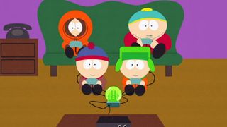 South Park-karakterer som spiller et videospill på sofaen.