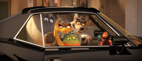 Wolf (Sam Rockwell), Snake (Marc Maron), Piranha (Anthony Ramos), Shark (Craig Robinson), and Tarantula a.k.a. Webs (Awkwafina) in a car in The Bad Guys