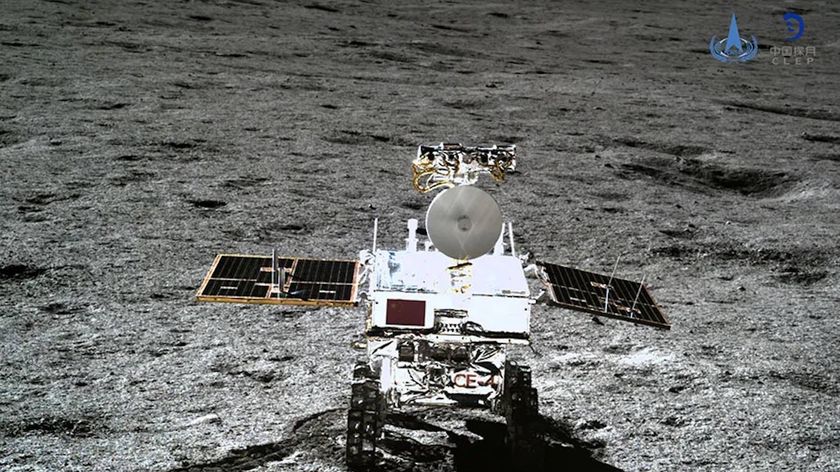 China&#039;s Yutu 2 rover, as seen by the Chang&#039;e 4 lander, on the far side of the moon.