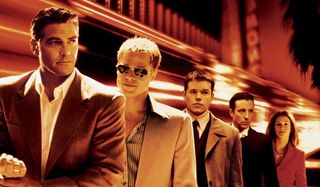 Ocean's Eleven George Clooney, Brad Pitt, Matt Damon, Andy Garcia, and Julia Roberts line up in front of a casino