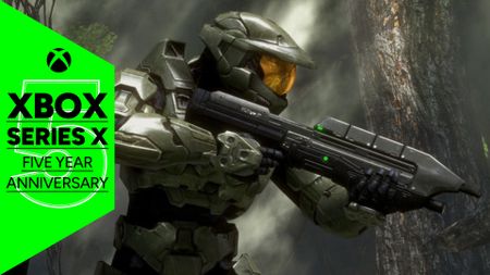 Master Chief aiming his gun to the right in a forest alongside green GamesRadar+ branding celebrating the fifth anniversary of the Xbox Series X