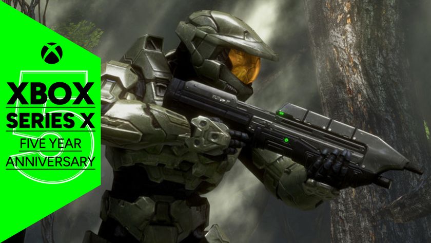 Master Chief aiming his gun to the right in a forest alongside green GamesRadar+ branding celebrating the fifth anniversary of the Xbox Series X