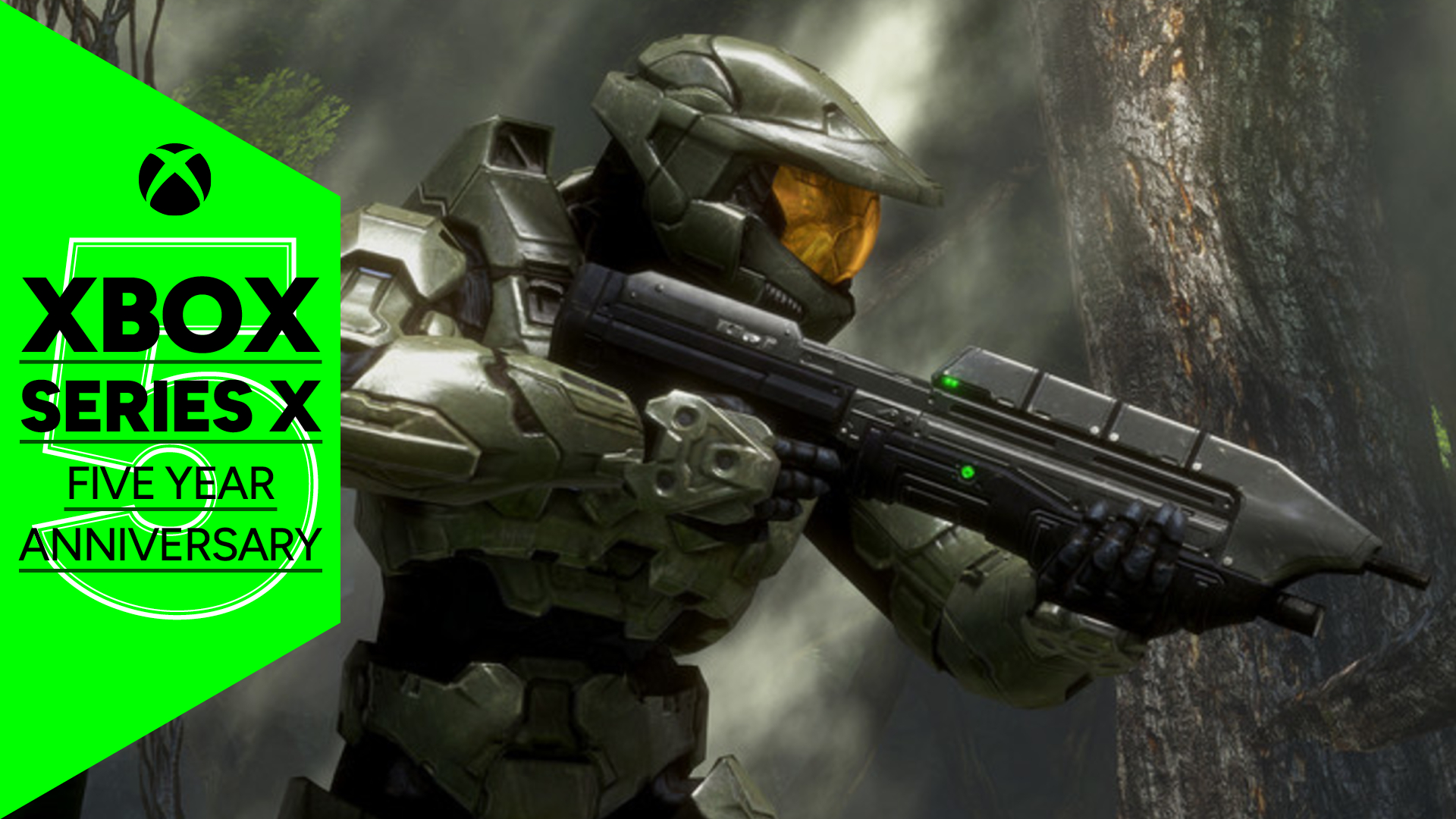 Master Chief aiming his gun to the right in a forest alongside green GamesRadar+ branding celebrating the fifth anniversary of the Xbox Series X