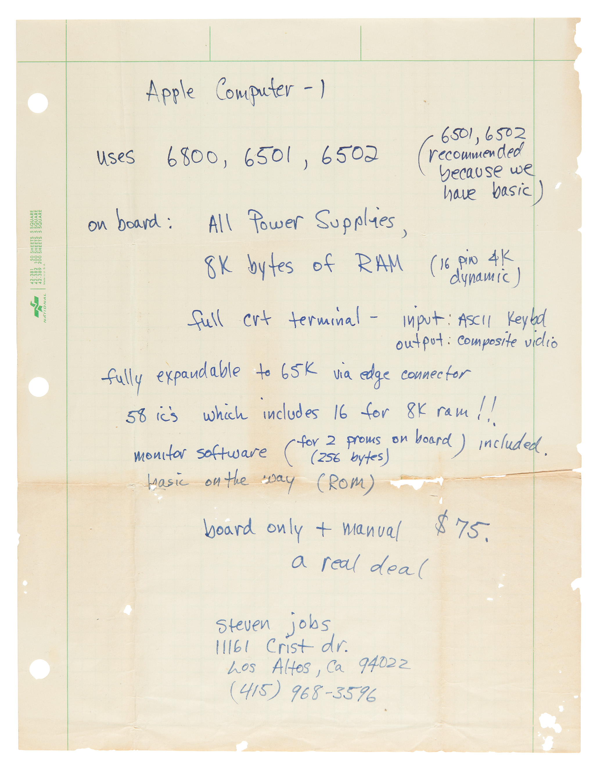 Steve Jobs handwritten Apple-1 ad copy
