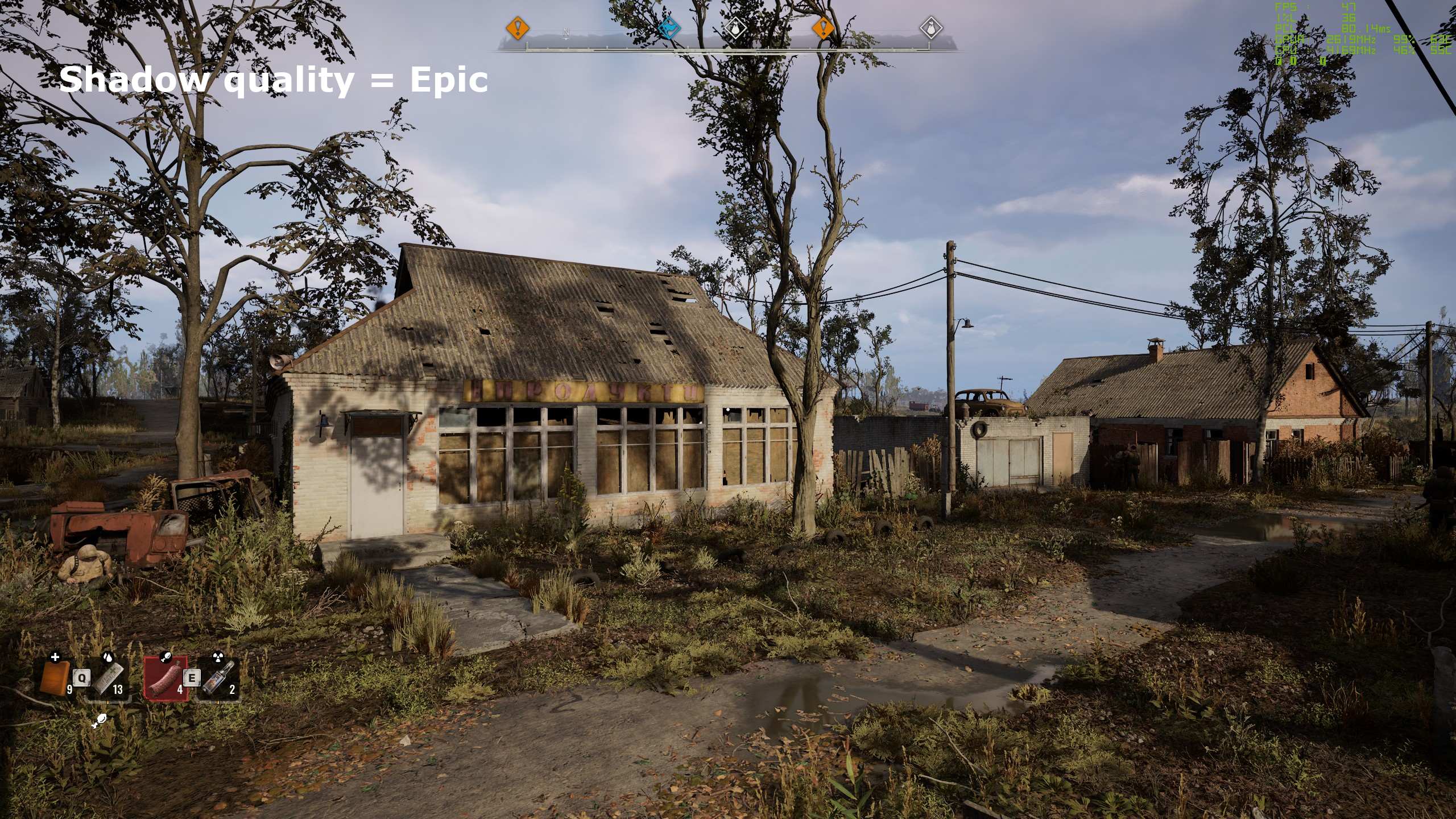 A screenshot of Stalker 2: Heart of Chornobyl, showing the impact of shadow quality settings