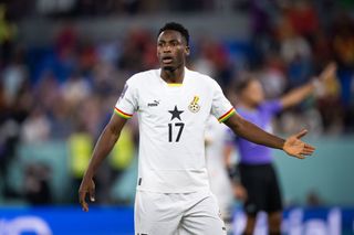 Baba Rahman of Ghana reacts during the FIFA World Cup Qatar 2022 Group H match between Portugal and Ghana at Stadium 974 on November 24, 2022 in Doha, Qatar.