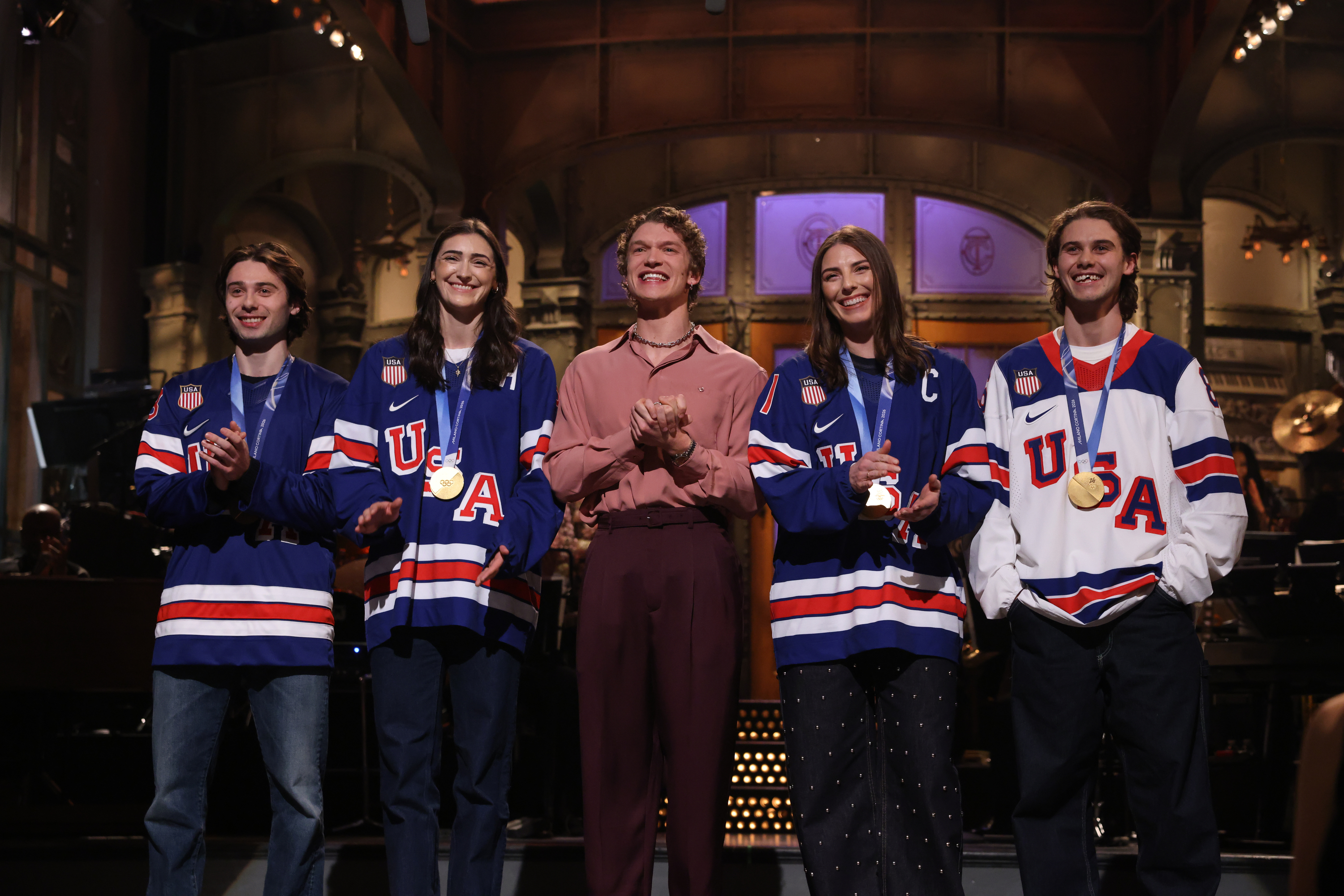 SATURDAY NIGHT LIVE -- Episode 1897 -- Pictured: (l-r) Quinn Hughes, Megan Keller, host Connor Storrie, Hilary Knight, and Jack Hughes during the Monologue on Saturday, February 28, 2026