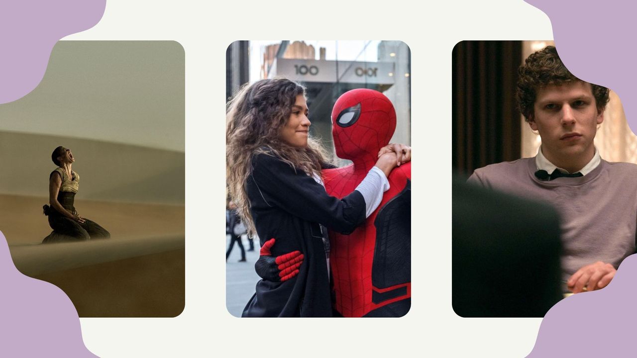 L-R: Charlize Theron in Mad Max: Fury Road; Zendaya and Tom Holland in Spiderman: Far from Home; and Jesse Eisenberg in The Social Network.