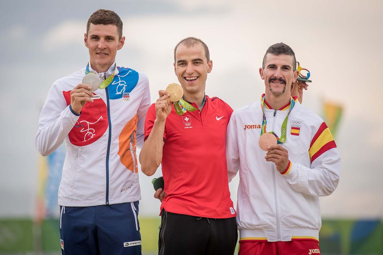 L to r: Jaroslav Kulhavy, Nino Schurter, Carlos Coloma