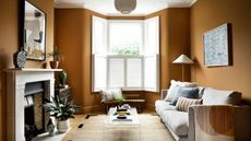living room with dark orange walls, neutral decor and white shutters