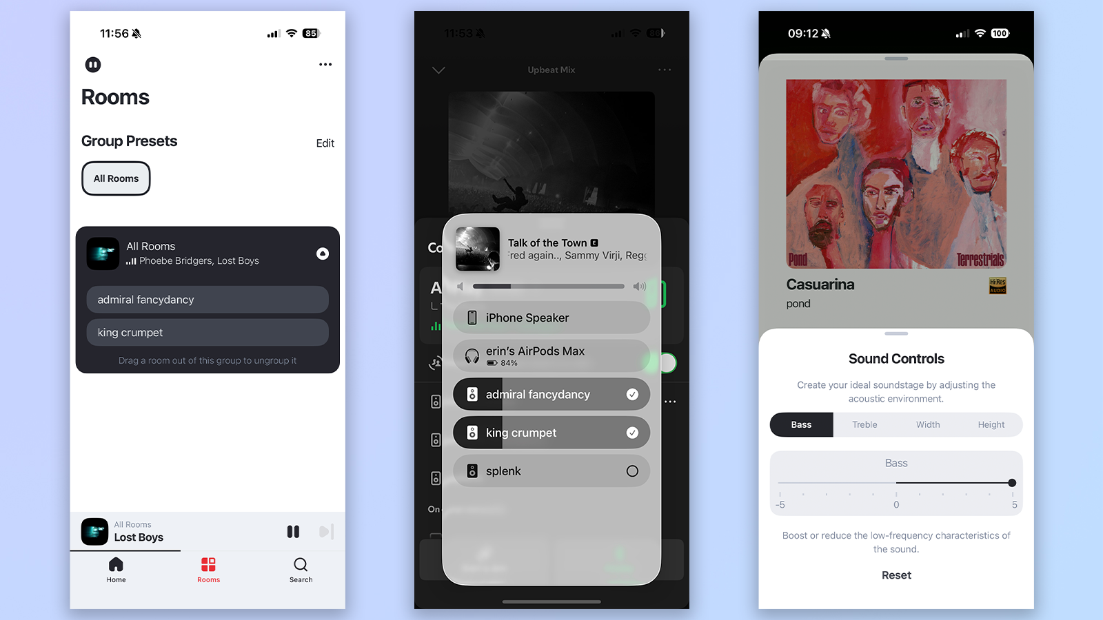 three screenshots from the HEOS app