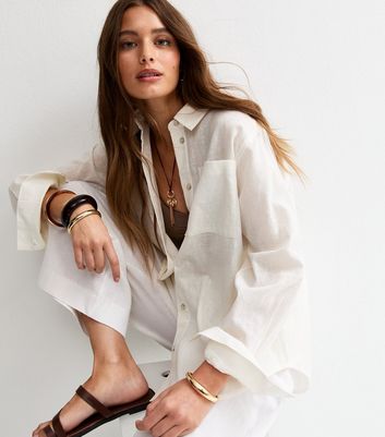White Linen Blend Long Sleeve Shirt