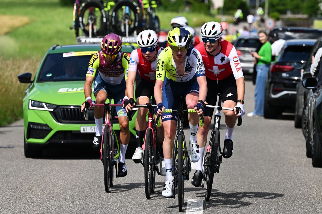 REGENSDORF SWITZERLAND JUNE 10 LR Antoine Debons of Switzerland and Team Corratec Vini Fantini Luca Jenni of Switzerland and Team Suiza Gerben Kuypers of Belgium and Team Intermarche Wanty and Felix Stehli of Switzerland and Team Suiza compete in the breakaway during the 87th Tour de Suisse 2024 Stage 2 a 1773km stage from Vaduz to Regensdorf UCIWT on June 10 2024 in Regensdorf Switzerland Photo by Tim de WaeleGetty Images