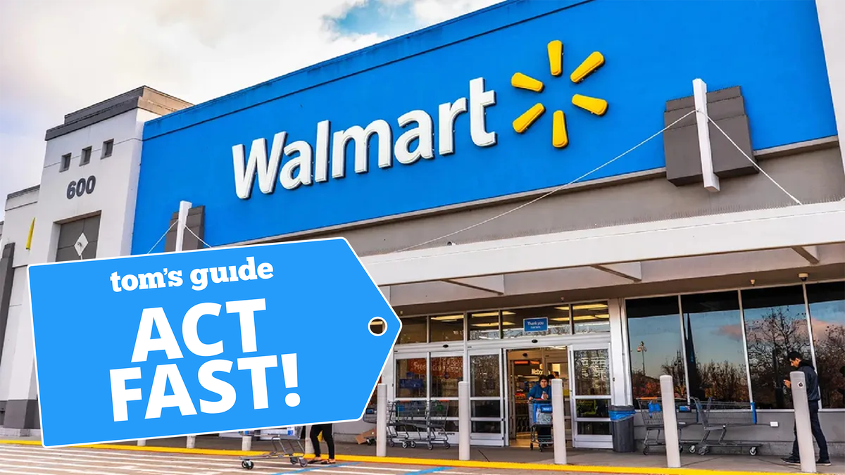 Exterior shot of a Walmart store&#039;s front entrance with Act Fast badge