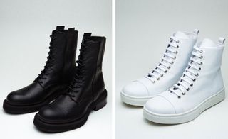 Left, black leather lace up boots. Right, white leather lace up boots.