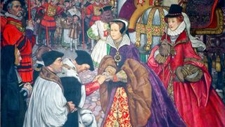 Mary I arriving in London for her coronation, supported by her sister Elizabeth