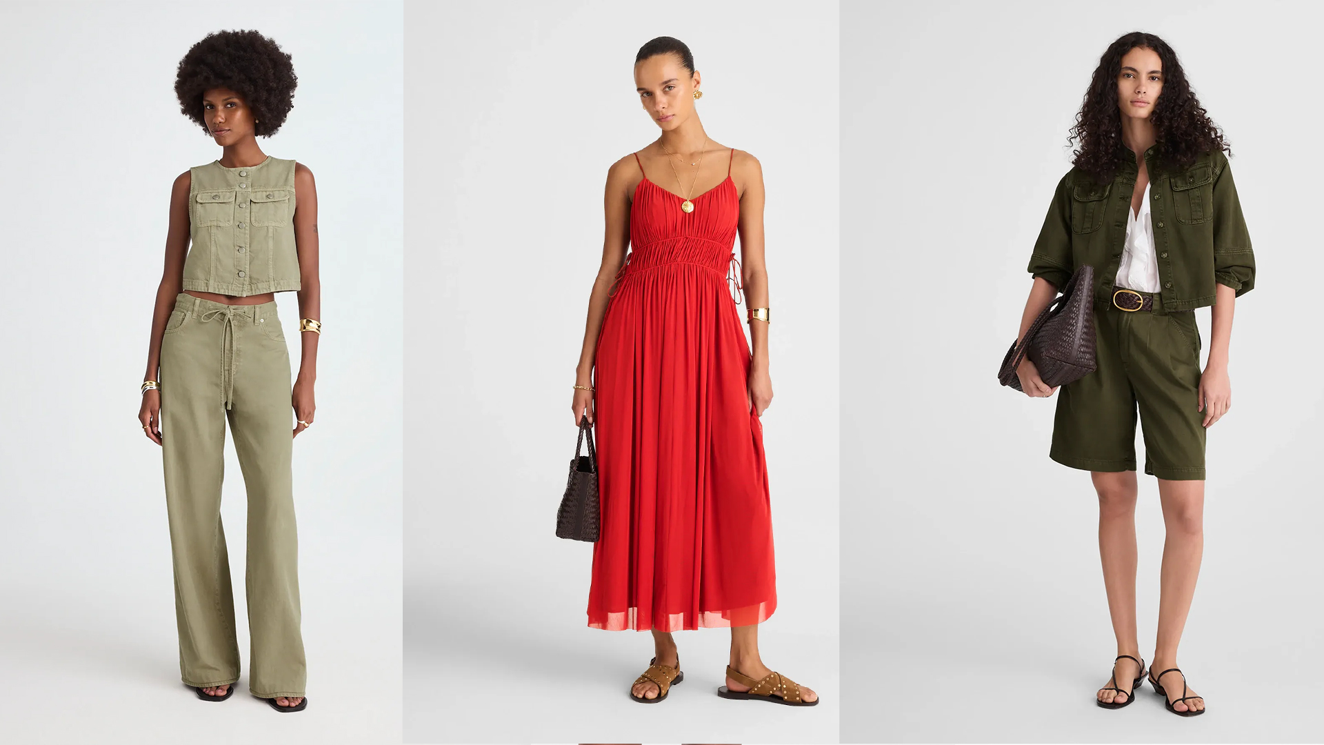 models are wearing madewell clothing. one model is wearing a red dress another is wearing a olive green denim set and the other is wearing a safari green short set. 