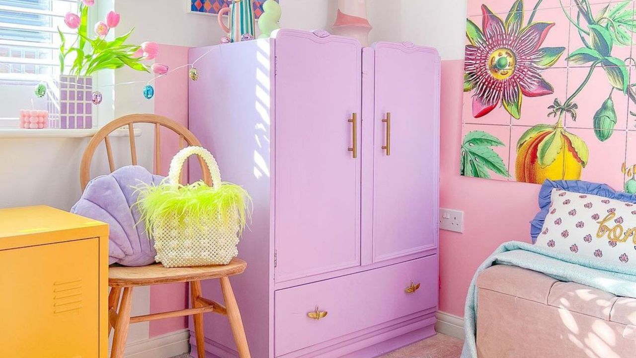 Purple dresser in colorful bedroom