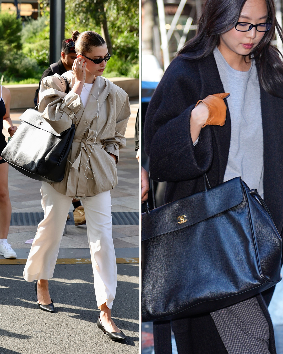 Image of Hailey Bieber and Jennie in the Chanel Large Tote bag. Hailey wears hers in black with a cropped trench coat, white jeans and a black pointed toe kitten heeled shoe. Jennie wears hers with a grey t-shirt, a long black wool coat and checkered grey trousers. She finished her look with taupe gloves. These images where provided by Chanel.