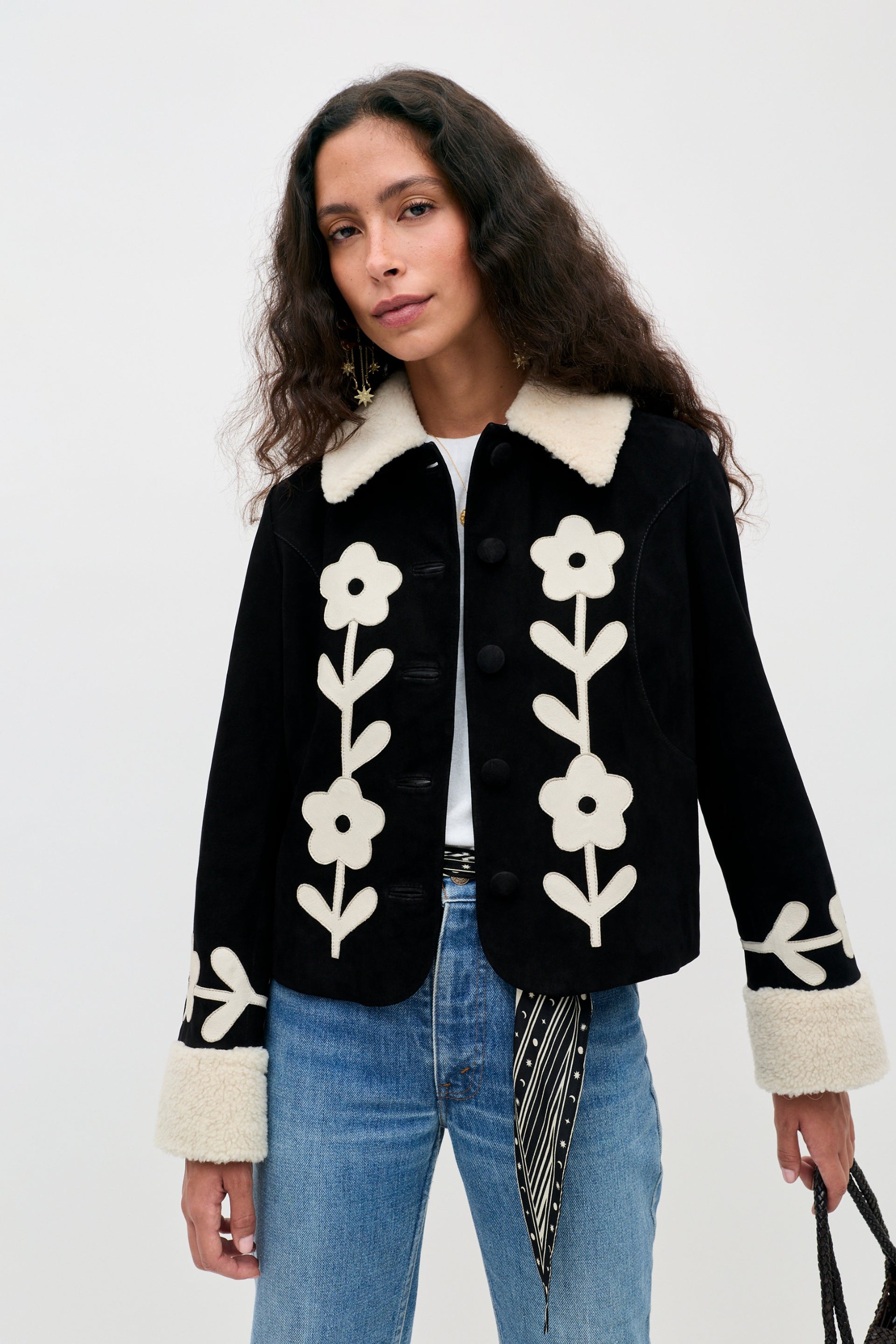 Brodie Suede Shearling Jacket in Retro Daisy Applique Embroidery Black