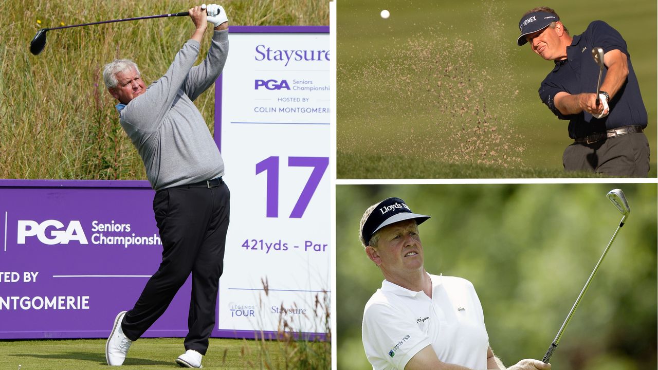 Colin Montgomerie hitting a driver off the tee, hitting a wedge out of a bunker and in the finish position with an iron