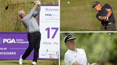 Colin Montgomerie hitting a driver off the tee, hitting a wedge out of a bunker and in the finish position with an iron