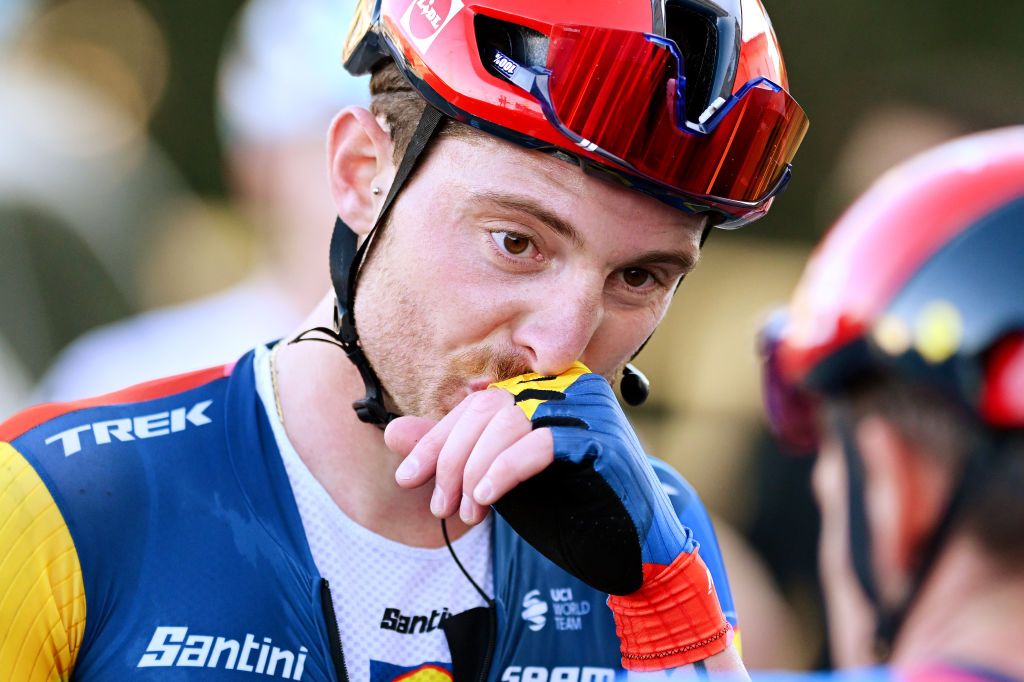 CANALS SPAIN FEBRUARY 01 Simone Consonni of Italy and Team Lidl Trek reacts after cross the finish line during the to the 75th Volta a la Comunitat Valenciana 2024 Stage 2 a 1627km stage from Canals to Mancom de la Valldigna on February 01 2024 in Canals Spain Photo by Dario BelingheriGetty Images