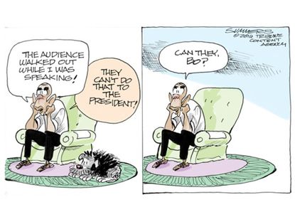 Obama cartoon popularity speaking event dog