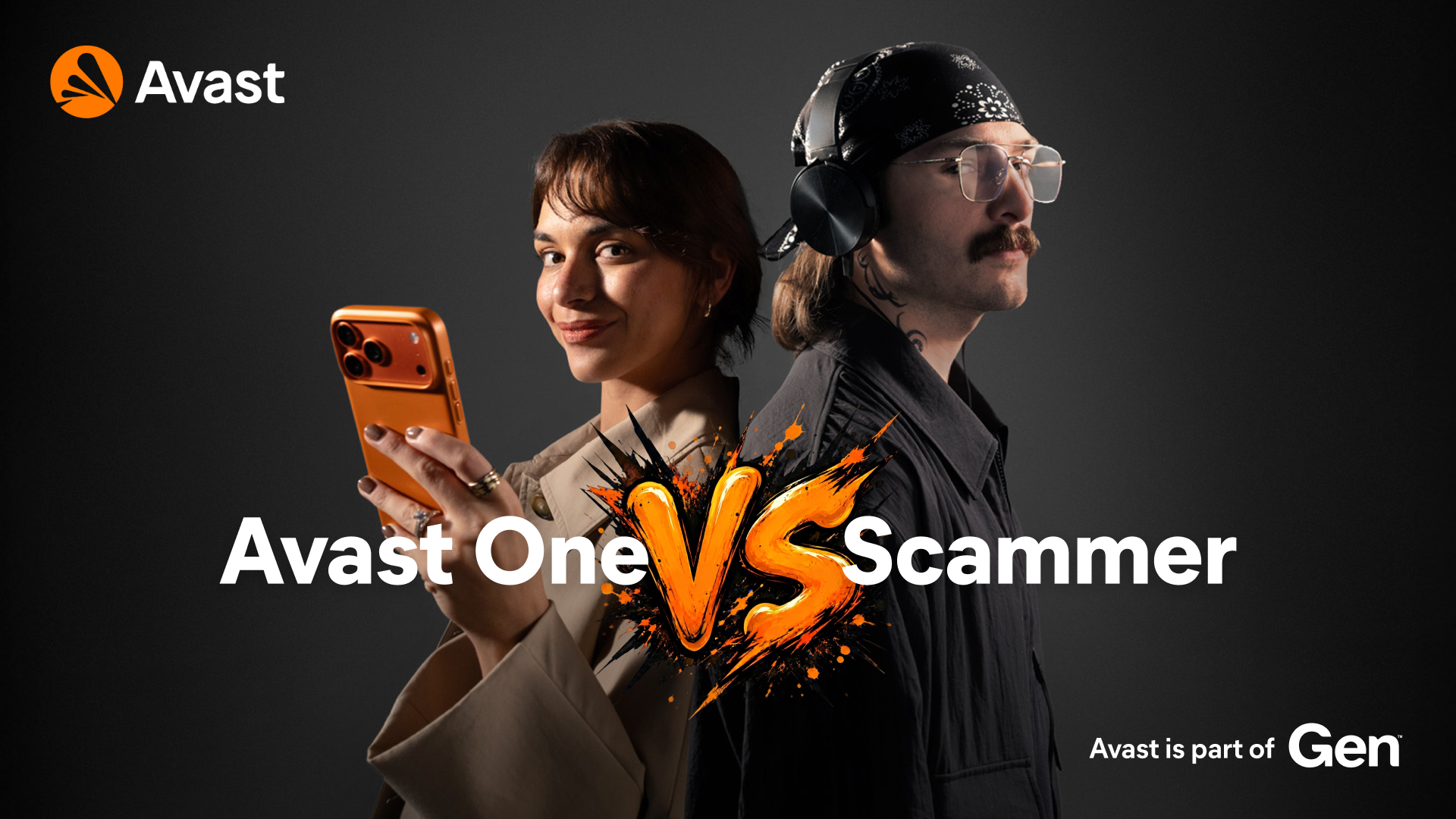 An image depicting an phone user countering a scammer using Avast One antivirus protection on their phone.