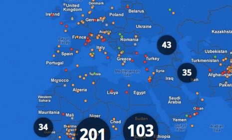 The Endangered Languages website provides maps â€” like this one of Western Europe and northern Africa â€” that show the number of endangered languages around the world.