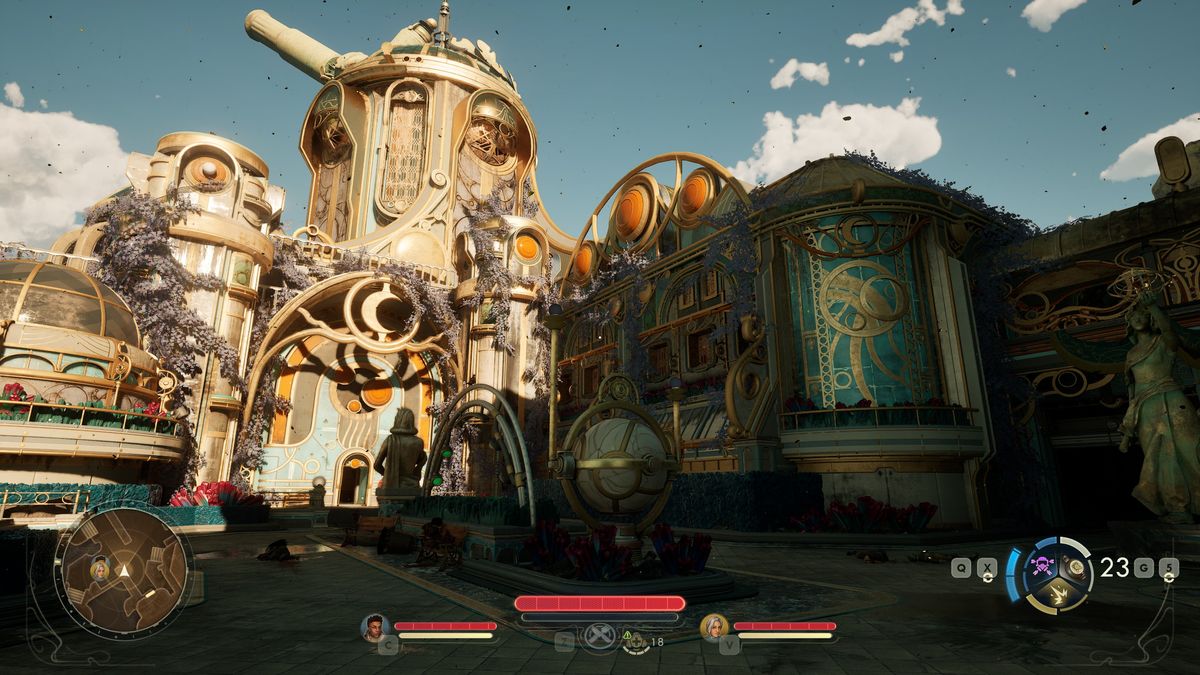 View of sunlit brass monastery in The Outer Worlds 2