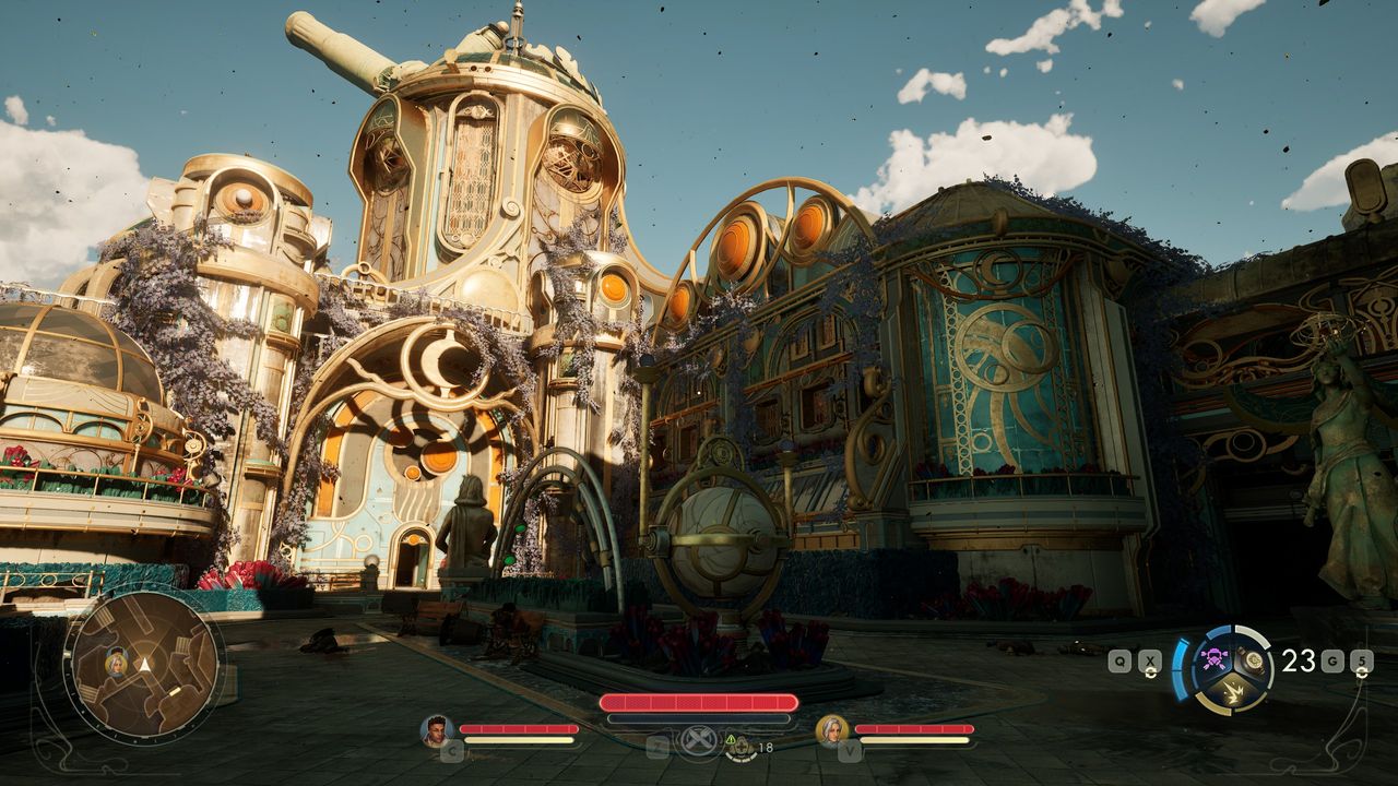 View of sunlit brass monastery in The Outer Worlds 2