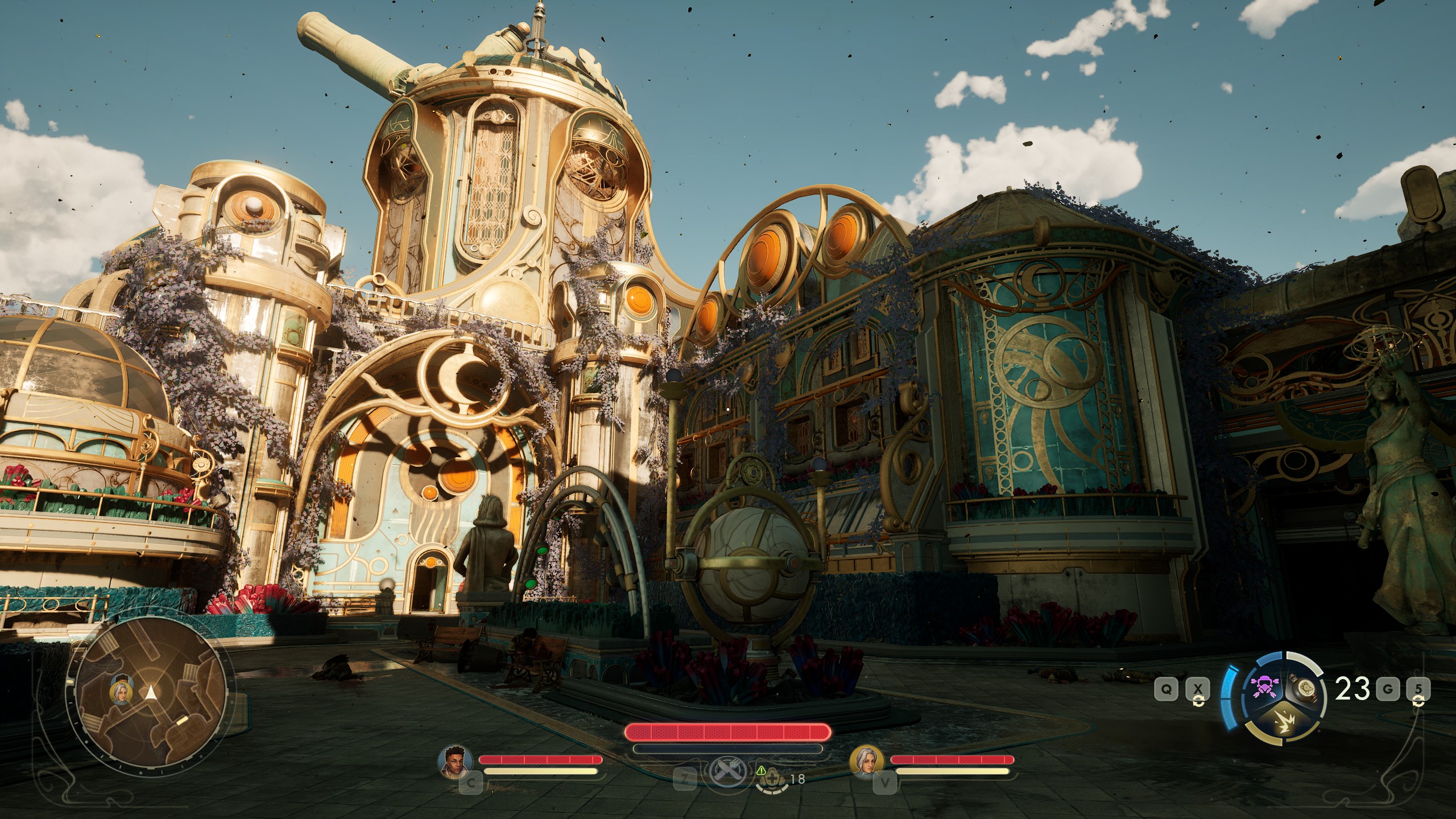 View of sunlit brass monastery in The Outer Worlds 2