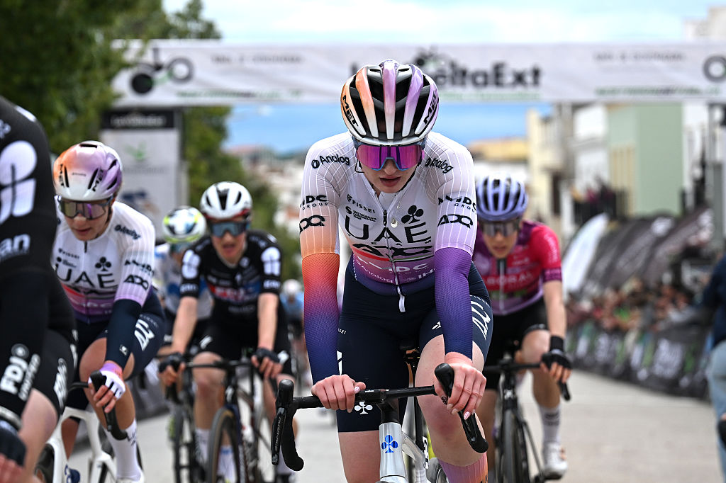FUENTE DEL MAESTRE, SPAIN - MARCH 07: Abigail Miller of Great Britain and UAE Team ADQ crosses the finish line during the 4th Vuelta Extremadura Feminas 2026, Stage 2 a 132.8km stage from Pueblonuevo del Guadiana to Fuente del Maestre on March 07, 2026 in  Fuente del Maestre, Spain. (Photo by Antonio Baixauli/Getty Images)