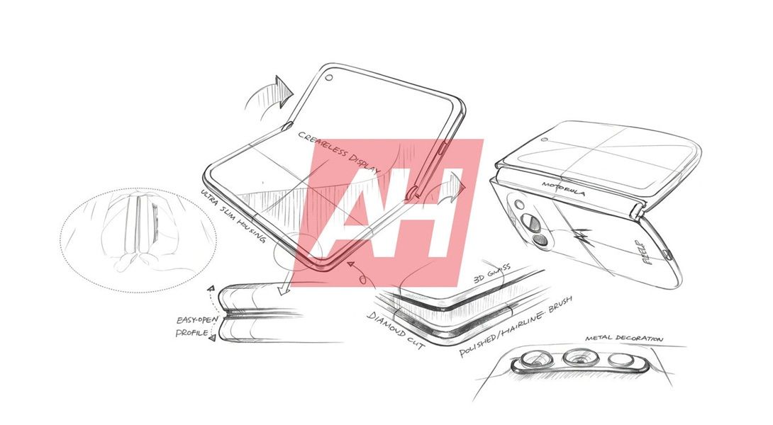 Various leaked sketches purporting the alleged design of a "wide" Razr Fold from Motorola.