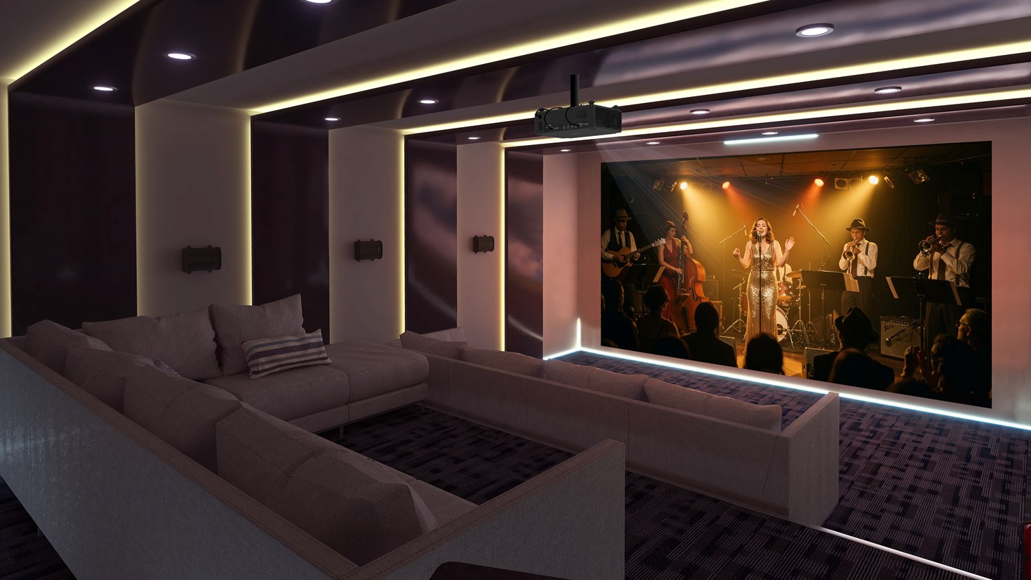 A rendered image showing the Optoma UHZ78LV projector displaying a live concert in a very large home theater