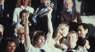 ROME, ITALY - JUNE 22: Manfred Kaltz of West Germany celebrates win over Belguim during the UEFA European Championships 1980 Final match between West Germany and Belguim held on June 22, 1980 at the Stadio Olimpico in Rome, Italy. (Photo by Steve Powell/Getty Images)
