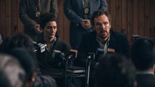 Benedict Cumberbatch's Vincent gets interviewed by members of the press in Netflix's Eric TV show