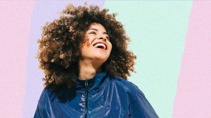 woman with curly hair on a colourful background